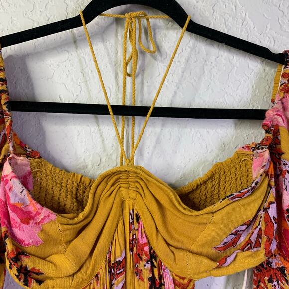 FREE PEOPLE Jumpsuit XS‎ Falling Flowers Off Shoulder Wide Leg Boho Flowy Sleeve - Picture 6 of 15